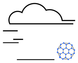 Large cloud outline above network sphere of connected nodes and lines. Abstract lines suggest digital flow. Ideal for cloud technology, data sharing, web security, networking, innovation, IT systems