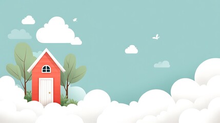 Whimsical Dreamy House Surrounded by Soft Clouds and Gentle Trees in a Light Blue Sky