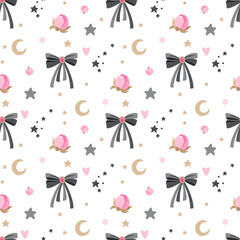 Seamless pattern with cute bows, flowers and romantic elements. Print on baby bedding, clothes and wrapping paper.