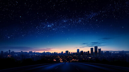 Fototapeta premium stunning city skyline at night, illuminated by stars and city lights, creates serene atmosphere