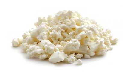 An appealing display of feta cheese is attractively presented. The feta cheese, a well - known Greek cheese, features white, creamy blocks