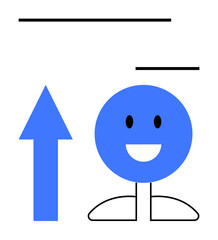 Fototapeta premium Minimalist smiling figure next to upward arrow signifying progress, growth, or positivity. Ideal for motivation, personal growth, success, business improvement, creativity education teamwork. Flat