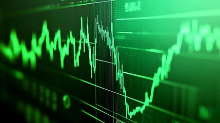 Fluctuating stock market data displayed on a screen.  Detailed stock chart with green lines, showing market trends, highs, lows, and patterns