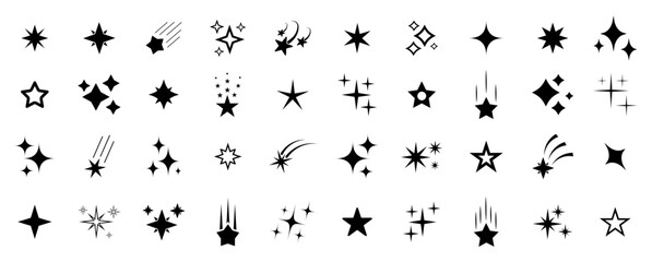 Stars icon collection. Different star shapes. Black stars icon set.  Sparkle star icon set. Vector illustration