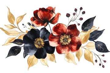 a vibrant floral arrangement featuring red black and gold flowers with delicate leaves and berries ideal for decorative or artistic purposes