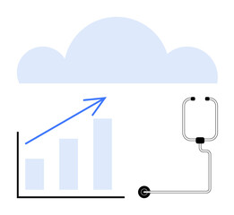 Bar graph with upward arrow, stethoscope, and cloud illustrating innovation, growth, healthcare, data analysis, technology, healthcare systems and future trends. Ideal for tech healthcare