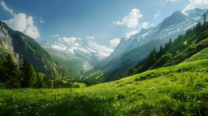 Fototapeta premium Giant mountains with snow above green valley with meadow and forest 