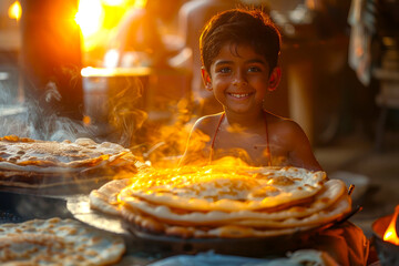 Amidst the warmth of a sunlit kitchen, an Indian boy helps his mother prepare crispy dosas, his excitement palpable as he watches the golden pancakes sizzle on the griddle.