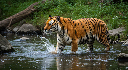 Obraz premium Tiger crossing a shallow river in a forest, showcasing its vibrant orange and black stripes and powerful form in a natural jungle habitat during a bright day.