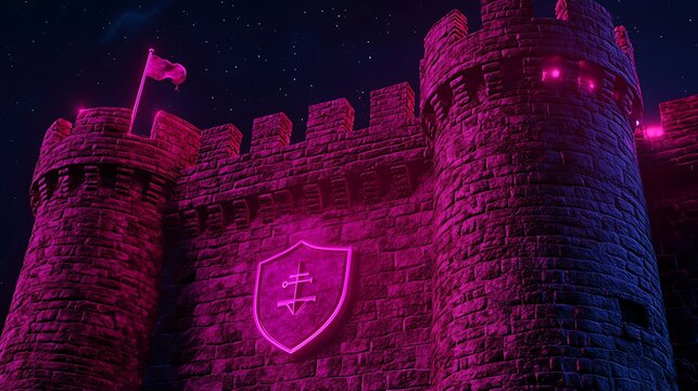 Dark, mystical castle under starry night, glowing with vibrant magenta light.  A detailed, stylized depiction of ancient stonework, featuring towers and a shield emblem