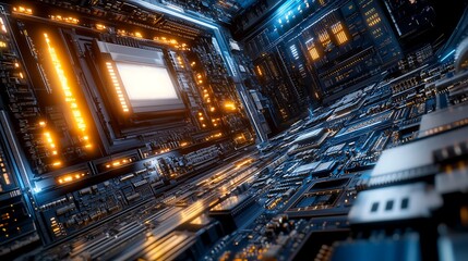 Futuristic circuit board, intricate detail, glowing components, high-tech design