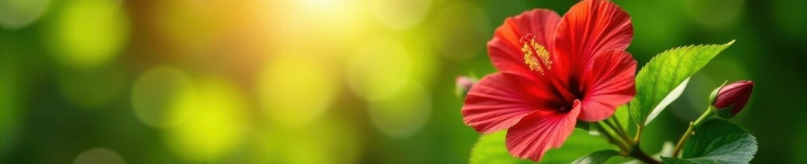Vibrant red hibiscus, summer sun, lush green leaves, photography, leaf, garden