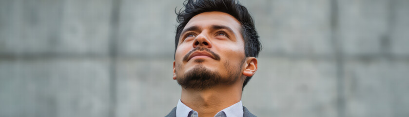 Obraz premium Visionary Gaze: A young, handsome man gazes upwards, showcasing determination and ambition as he contemplates a brighter future.