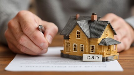 Hand signs paperwork by a small house model. Sold sign in foreground