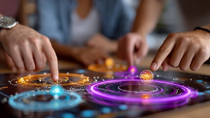 Hands interact with a futuristic digital table display and orb effect