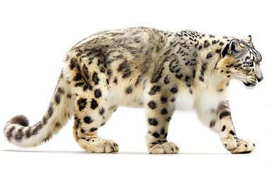 Snow Leopard Walking Against White Background
