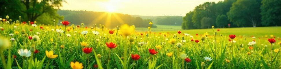 weites Feld mit gr?nen Kirschenstr?uchern und wilden Blumen, Sonnenschein, Herbst, Feld