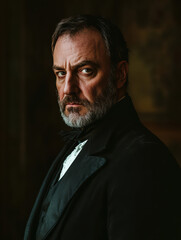 Obraz premium Victorian Gentleman Portrait: A serious, intense gaze from a man in Victorian attire. The dark background and dramatic lighting emphasize his stern expression and the details of his clothing.