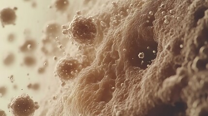 Fototapeta premium Abstract cellular structure with suspended particles. Close-up view of a complex, textured organic form, filled with bubbles and dispersed elements. A beige/tan color palette 
