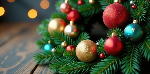 Naklejka premium Whimsical Christmas Wreath with Ball Ornaments, colorful, decorations, ornaments