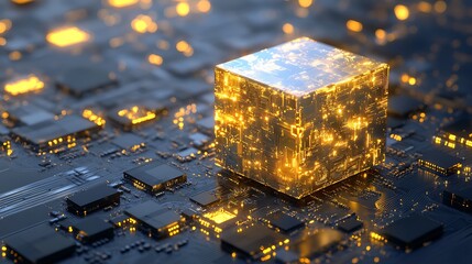 Obraz premium Futuristic glowing cube on circuit board