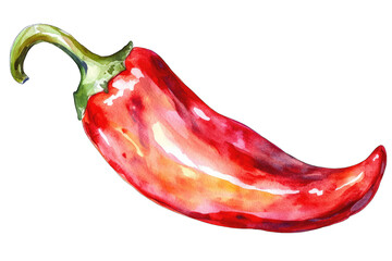 a vibrant watercolor illustration of a red chili pepper showcasing its smooth texture and curved shape ideal for culinary or artistic purposes