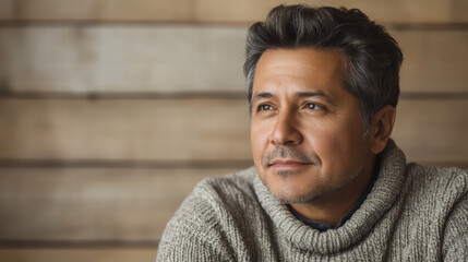 Obraz premium Quiet Contemplation: A close-up portrait of a man lost in thought. His gaze suggests a moment of quiet introspection, set against a backdrop of weathered wood, creating a sense of warmth and serenity.