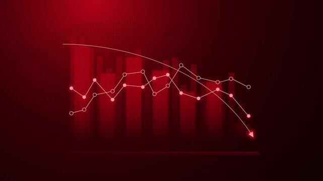 Financial trading graph with candlestick chart on dark red digital background ,downtrend price decrease investment background animation portrait