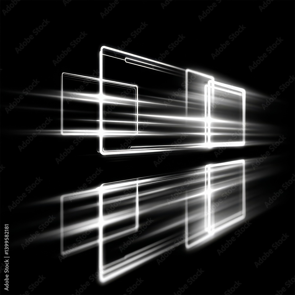 Poster Abstract Light Trails: Luminous Geometric Squares with Reflections and Speed Effect on Black Background.