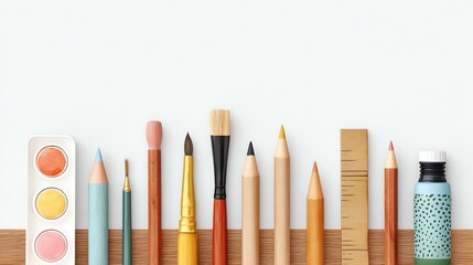 Obraz premium Stationery watercolor style white background A colorful assortment of art supplies arranged neatly on a wooden surface, perfect for creative projects.