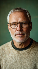 Obraz premium Thoughtful Gaze: A close-up portrait of a mature individual with a graying beard and thoughtful eyes, exuding experience and wisdom. 