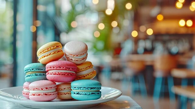 A vibrant stack of colorful macarons on a plate, set in a cozy caf&eacute;.