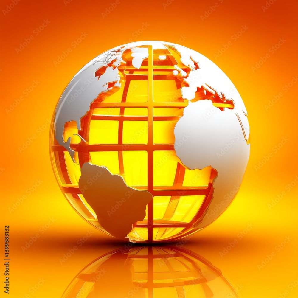 Aufkleber Futuristic Globe Design: 3D Render of a White and Orange Globe Caged in Gridlines against a Warm, Reflective Backdrop