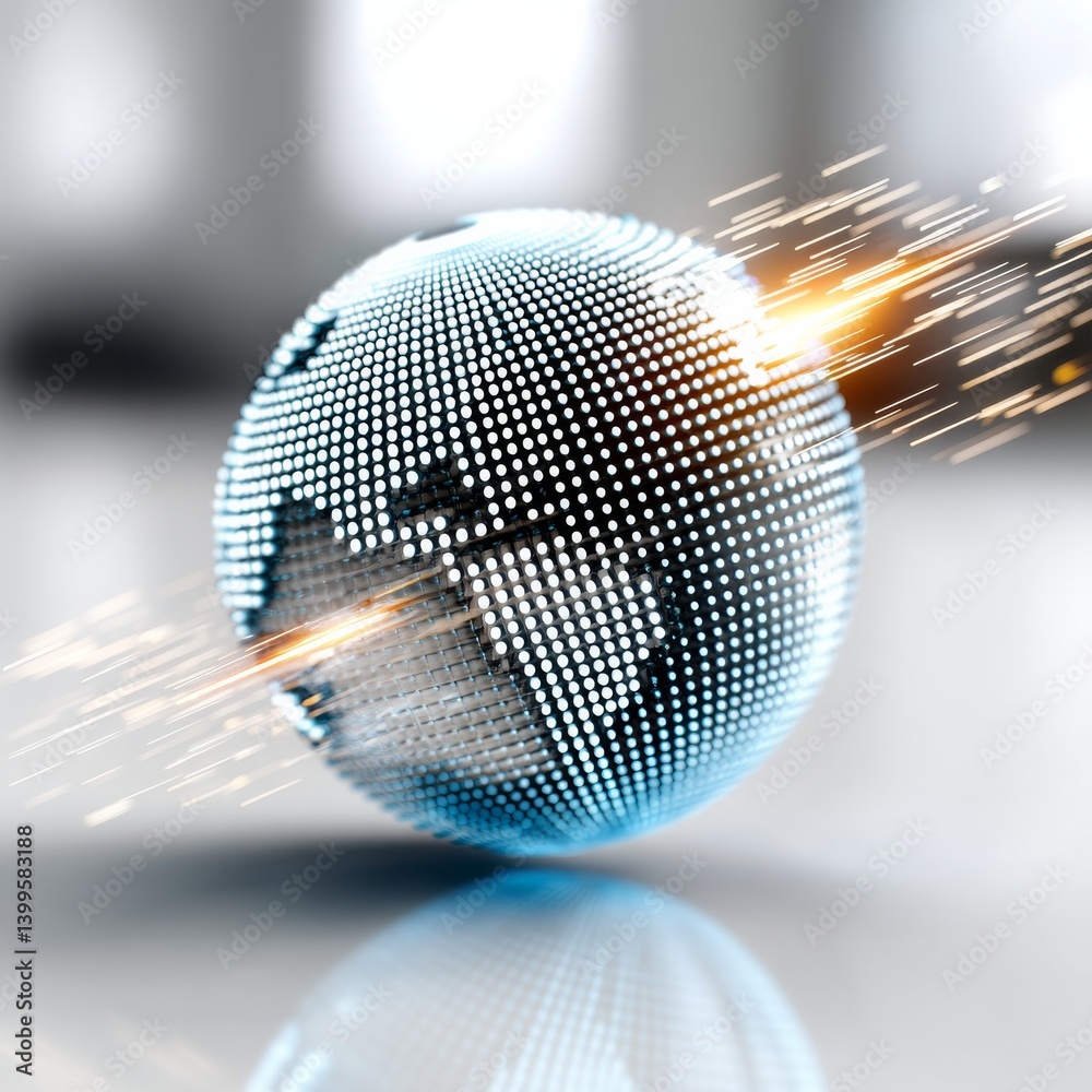 Poster Global Connectivity: Luminous Dot Matrix Globe with Spark Effects, Representing Data Flow and Innovation