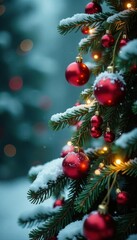 Snow-dusted pine branches, red & gold ornaments, berries, twinkling lights, branches, berries