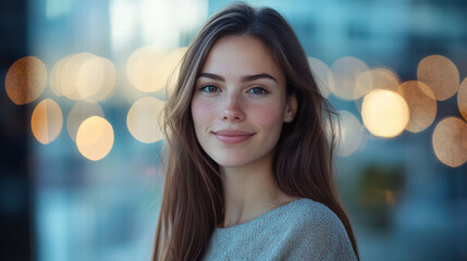 Radiant Serenity: A captivating portrait of a young woman exudes serenity and a subtle, genuine smile, with the soft focus of bokeh in the background.