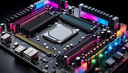 Illuminated Motherboard: Colorful RAM and CPU Socket Detail, Dark Background.