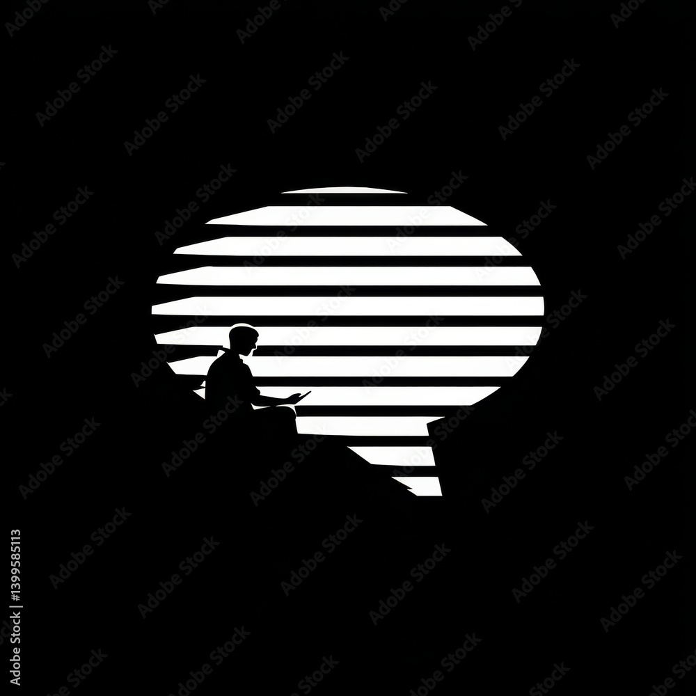 Poster silhouette reading: thoughtful individual in illuminated speech bubble - black and white abstract im