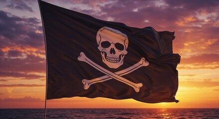 Skull and Crossbones Flag Flying Against a Sunset Background  