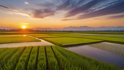 Sunset Over Rice Fields in Asia