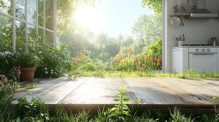 Obraz premium Sunlit Serenity: A bright sunlit deck blends seamlessly with the vibrant greenery of a garden, creating an inviting and tranquil atmosphere.