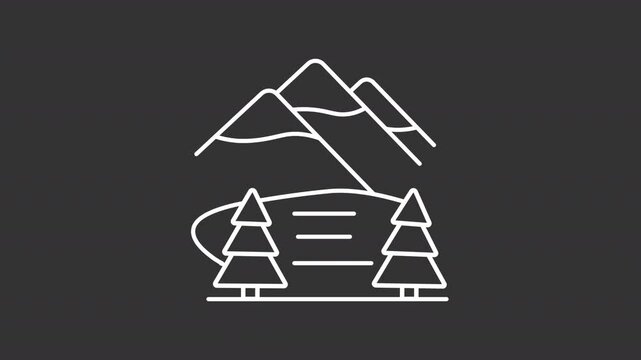 Animated Shey Phoksundo national park white icon. Nepal nature reserved area line animation. Mountains and lake. Isolated illustration on dark background. Transition alpha video. Motion graphic