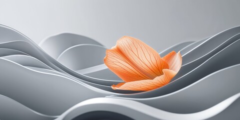 A stylized orange petal resting on wavy flowing grey shapes