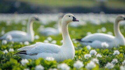 Snow Goose Amidst Blossoms: A Serene Wildlife Encounter
