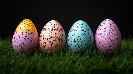 Four colorful speckled easter eggs sitting in grass.