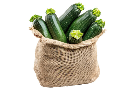 A burlap sack filled with fresh green zucchinis isolated on transparent background