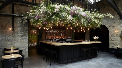 Urban bar with lush floral canopy.  Modern industrial interior design