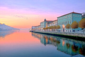 A watercolor painting of Porto at golden hour with reflections on the Douro River and soft orange hues