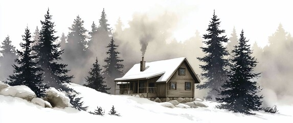 Snowy cabin, smoke rising, nestled between tall pines, tranquil winter scene
