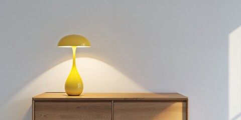 A wooden dresser with a yellow lamp on top.